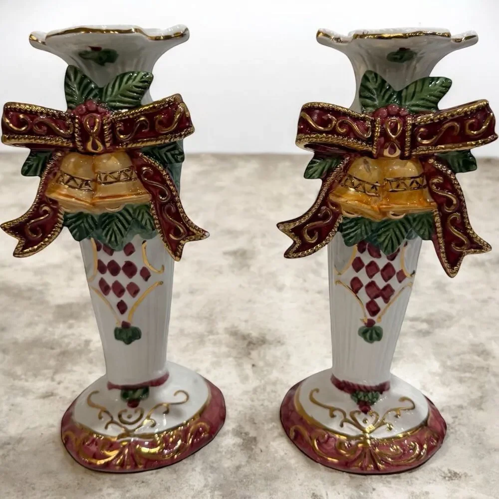 Christmas Set of 2 Decorative Ceramic Candle Holders Bells Bow Gold Trim